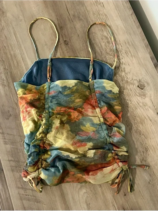 Urban Outfitters Floral Ruched Cami Top Mesh Sheer Side Tie XS - Picture 3 of 6